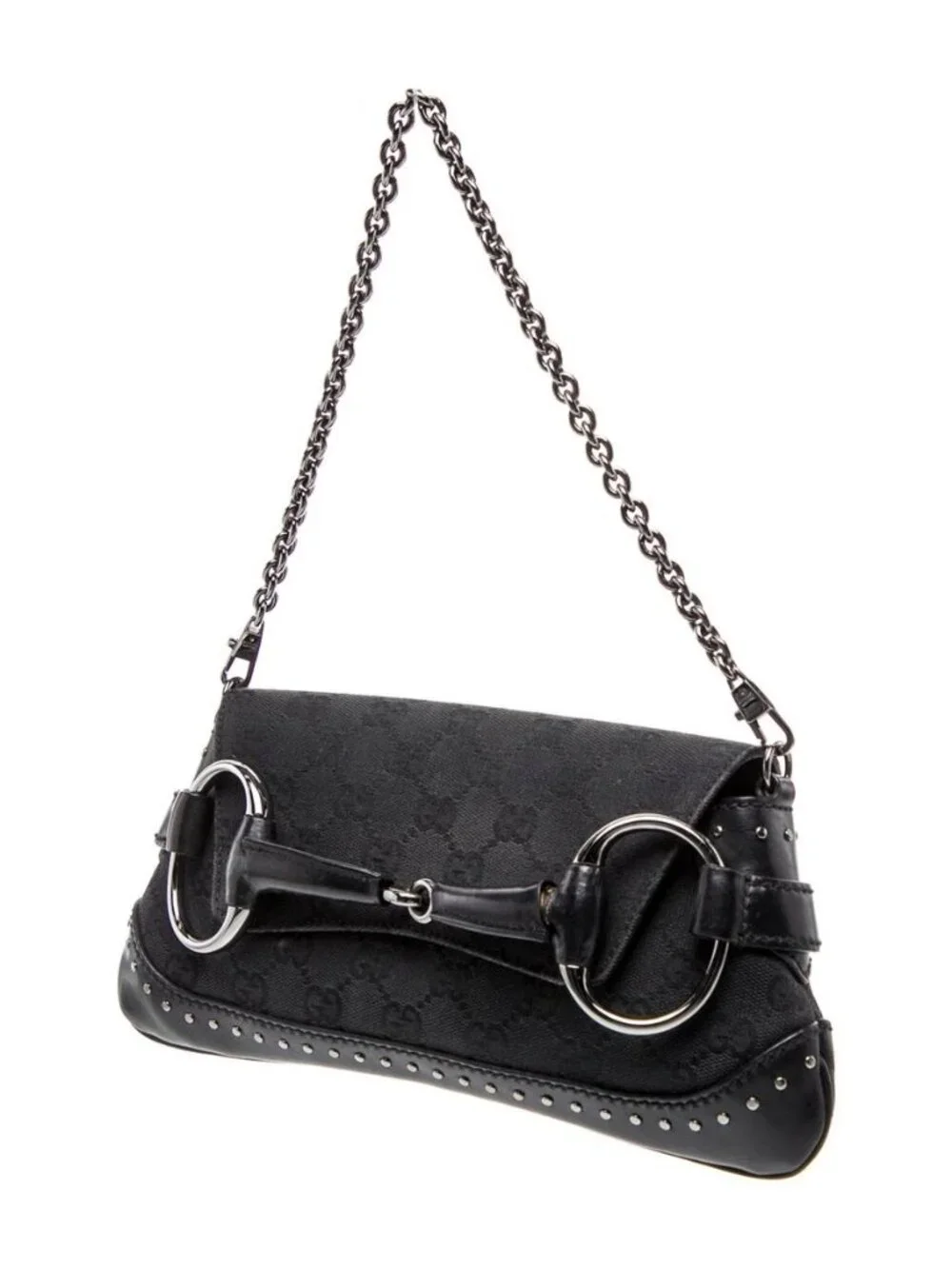 Gucci GG Canvas Horsebit Chain Small Black Shoulder Bag Silver Studded, LUX
